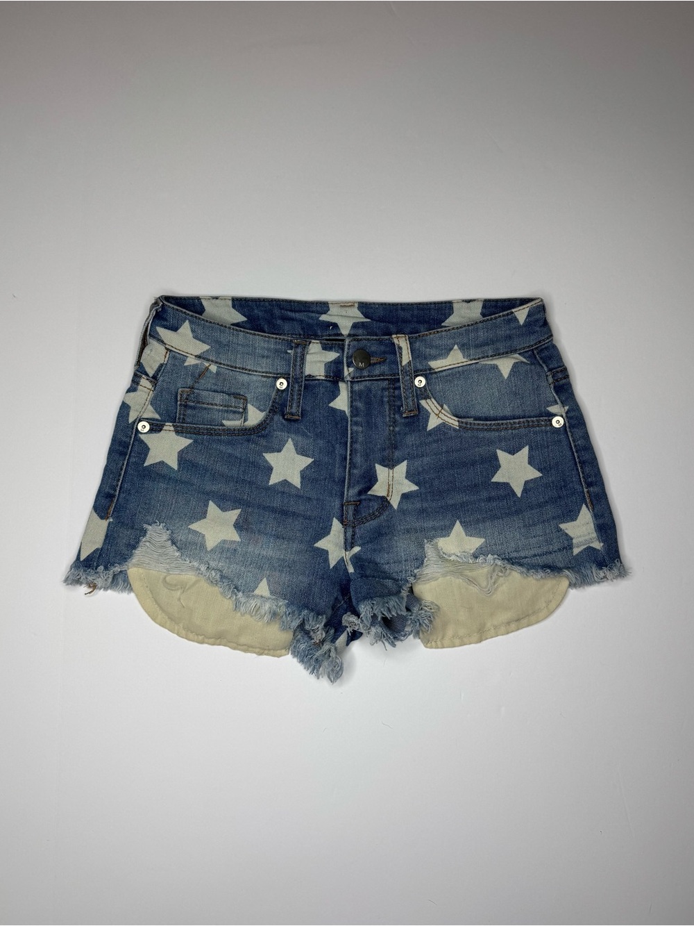 Mossimo Star Print Denim Shorts Size 00/24 Distressed Raw Hem USA